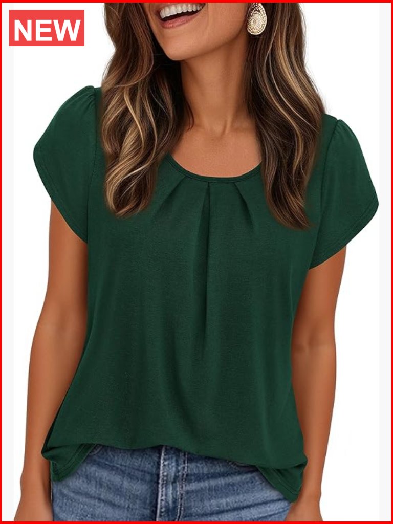 Short Sleeve Pleated T-Shirt Blouse Dressy Casual Crew Neck Basic Tee Summer